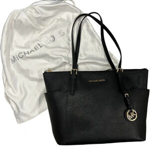 Micheal Kors Charlotte Jet Set Large Black‎ Tote Gold Hardware Saffiano Leather